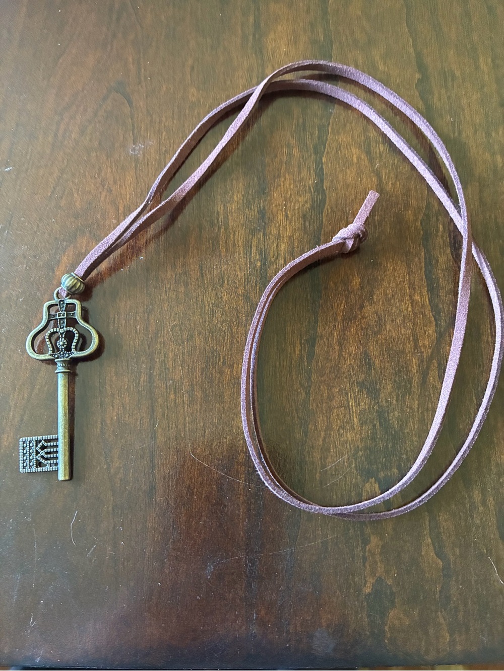 Vintage Key Pendant Necklace in brown Suede 17” adjustable cord